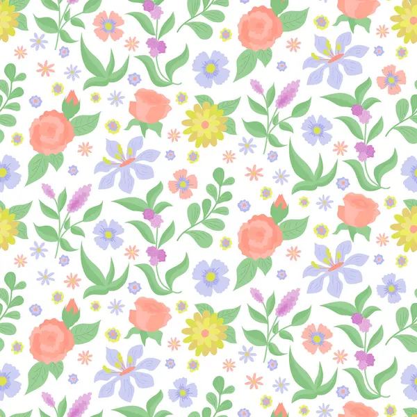 Floral seamless pattern with roses. Vector color illustration on the white background in in flat style.	