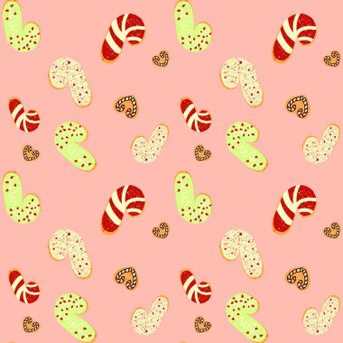 Çeşitli şekillerde renkli kurabiyeler ve tasarımlar pembe bir arka planı kaplıyor, neşeli, tatil temalı bir desen yaratıyor. Şekerlemeler arasında çizgili şeker kamışları, zencefilli ekmek şekilleri ve krakerler yer alıyor..