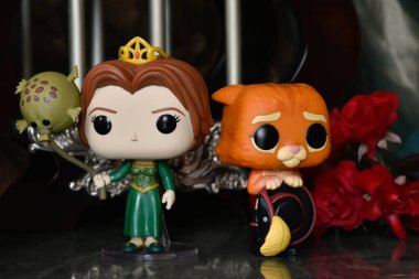 Popüler animasyon filmi Shrek 'ten Prenses Fiona ve Çizmeli Kedi' nin aksiyon figürleri. Sütunları, kırmızı gülleri, gölgeliği, mermer zemini olan muhteşem bir saray..