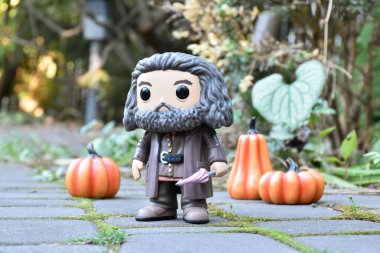 Funko Pop action figure of gamekeeper half-giant Hagrid with umbrella from fantasy movie Harry Potter. Halloween, pumpkins, moss, autumn garden. clipart