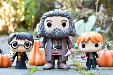 Funko Pop action figures of Harry Potter, gamekeeper Hagrid and Ron Weasley. Halloween, pumpkins, stone slabs road, green moss, autumn garden. clipart