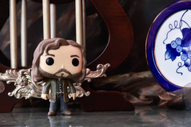 Büyücü Sirius Black 'in popüler fantezi filmi Harry Potter' daki Funko Pop aksiyon figürü. Sütunları, klasik porselen mavi fıçısı olan eski bir saray..