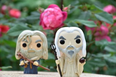 Büyücülerin aksiyon figürleri Gri Gandalf ve Yüzüklerin Efendisi 'ndeki Beyaz Saruman. Gizemli karamsar bahçe, kırmızı güller.