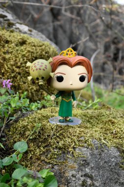 Popüler animasyon filmi Shrek 'ten Prenses Fiona' nın Funko Pop oyuncağı. Yosunlu kayalar, peri ormanı, yeşil çayırdaki yabani çiçekler.. 