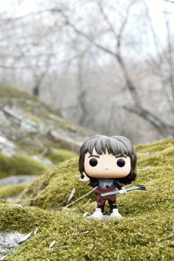 Korku dizisi Stranger Things 'ten Eddie Munson' ın funko pop aksiyon figürü. Yeşil yosunlu kayalar, vahşi orman, vadi, atmosferik yer. 