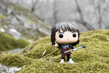 Korku dizisi Stranger Things 'ten Eddie Munson' ın funko pop aksiyon figürü. Yeşil yosunlu kayalar, vahşi orman, vadi, atmosferik yer. 