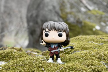 Korku dizisi Stranger Things 'ten Eddie Munson' ın funko pop aksiyon figürü. Yeşil yosunlu kayalar, vahşi orman, vadi, atmosferik yer. 