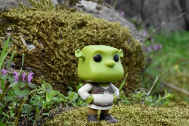 Popüler animasyon filmlerinden Ogre Shrek 'in aksiyon figürü. Yosunlu kayalar, muhteşem yoğun orman, yeşil çayırdaki yabani çiçekler.. 