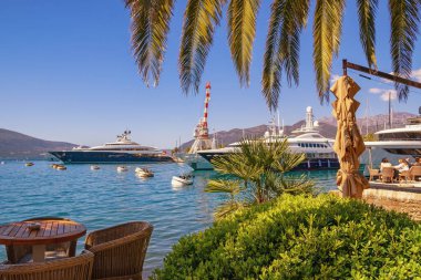 Tivat, Karadağ - 11 Nisan 2025: Tivat kenti ve Porto Karadağ marinası, limandaki yatlar. Karadağ, Kotor Körfezi