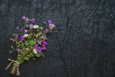 Siyah ıslak arka planda küçük bir buket kır çiçeği. Boşluğu kopyala