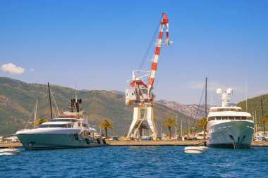 Tivat, Karadağ - Haziran 01 2025: Güzel Akdeniz manzarası. Karadağ, Kotor Körfezi. Tivat 'ta Porto Karadağ yat marinası manzarası