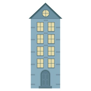 Pencereleri olan mavi çok katlı bir bina. Ev tasarımı. İkametgah çizimi