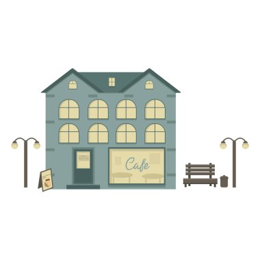 Zemin katında bir kafe, yakınında bir bank ve fenerler olan yeşil bir bina. Üç katlı ev. Sıcak içecek dükkanı. Kahve reklamları ve web siteleri için illüstrasyon
