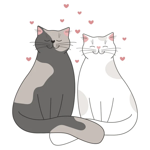 Graue Und Weiße Katzen Sitzen Mit Herzen Sich — Stockvektor