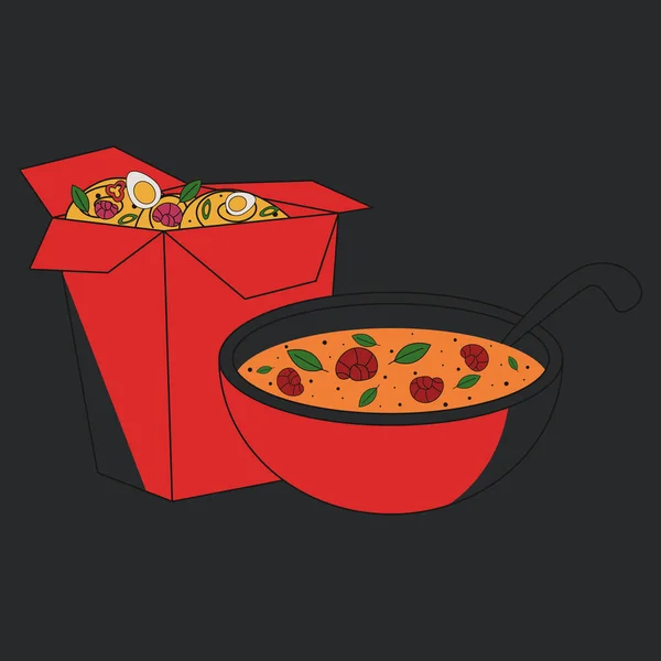Σούπα Και Νουντλς Κουτί Για Γαρίδα Ασιατική Απεικόνιση Πιάτων — Διανυσματικό Αρχείο