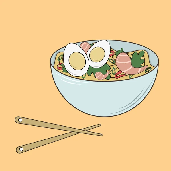 有拉面和筷子的碗亚洲食物主题图解 — 图库矢量图片