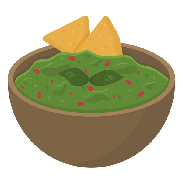 Guacamole Mit Chips Basilikum Und Rotem Pfeffer Illustration Zum Thema — Stockvektor