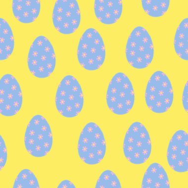 Çiçeklerle süslenmiş yumurtalarla kusursuz desen. Paskalya temalı sarı arka plan. Kalem dokusu.