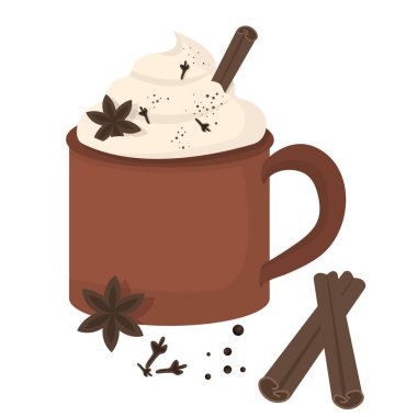 Kırmızı bardakta kremalı balkabağı aromalı latte. Tarçın, yıldız anasonu ve beyaz arka planda karanfilli mevsimlik içki çizimi.
