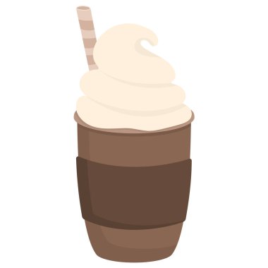 Krem şantili kahve ve beyaz arka planda izole edilmiş kokteyl kamışı.