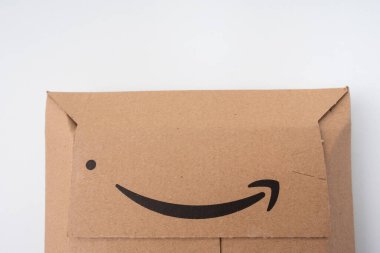 Amazon package, detail of the logo. Brands. Udine  Italy_January 24 2023