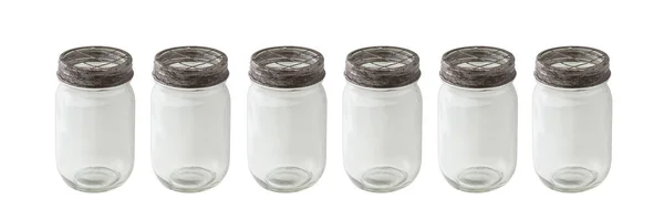 Reihe Von Glasgefäßen Mit Gitterverschlüssen Isolierter Weißer Hintergrund — Stockfoto