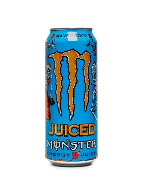 Juiced Monster Energy Drink Can Mango Flavour Isolated White Background — Stock Photo, Image
