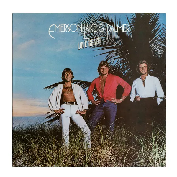 ラブビーチは 1978年にリリースされたイギリスのグループであるエマーソン レイク パーマーによる9枚目のアルバムです ホワイトバック ロイヤリティフリーのストック写真