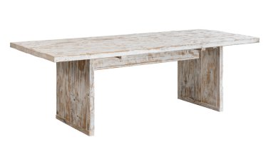 Beyaz gölgeli tahtalarda bir masa. İzole edilmiş beyaz arkaplan