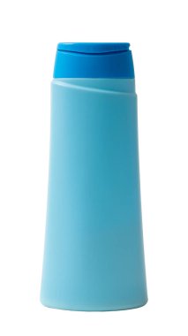 Mavi plastik şişe, şampuan ya da vücut kremi konteynırı. izole edilmiş beyaz arkaplan