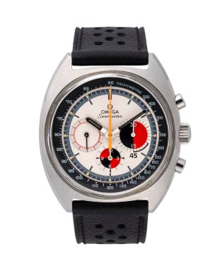 Omega Seamaster saati, üç sayılı spor kronografisi. 1970 'ler. Beyaz arka plan. Milan mı? İtalya _ 10 Ağustos _ 2024