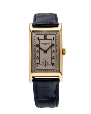 Kol saati, Vacheron Constantin, Curvex model el yaralanması saati, 18kt altın çantalı, 1940 'larda. Beyaz arka plan. Milan mı? İtalya _ 10 Ağustos _ 2024