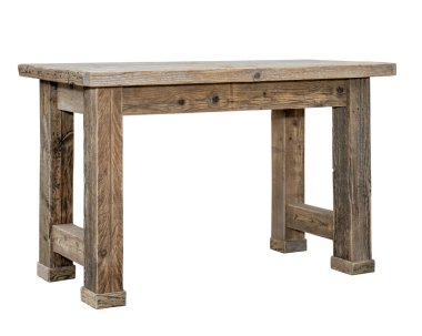 Kaba geri dönüştürülmüş tahtaları olan ahşap bir masa. izole edilmiş beyaz arkaplan