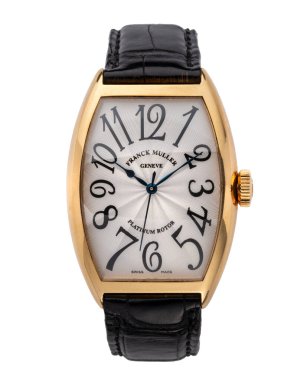 Franck Muller saat, Casablanca modeli. 2008 yılı. Otomatik kurmalı saat, 18kt sarı altın. Beyaz arka plan. Milan mı? İtalya _ 10 Ağustos _ 2024