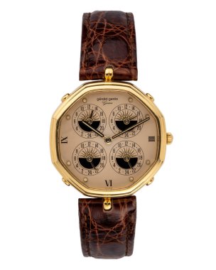 Gerald Genta saat, dört zaman dilimi modeli, sekiz köşeli çantalı sarı altın kuvars saat. 1990 'lar. Milan mı? İtalya _ 10 Ağustos _ 2024