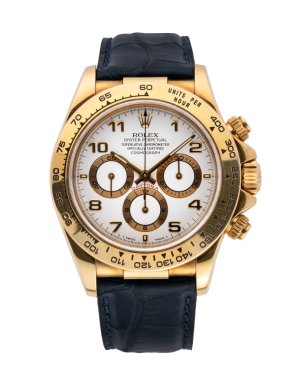 Rolex saat, Daytona modeli. 18 kiloluk sarı çantalı otomatik kurmalı saat. 1998 yılı. Beyaz arka plan, Milan. İtalya _ 10 Ağustos _ 2024