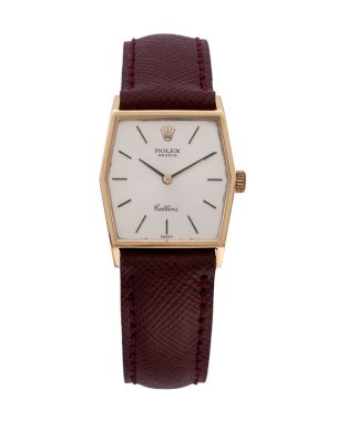 Rolex kadın saati, Cellini modeli. Elle kumandalı saat, 18 kt sarı altın çantalı. 1976 yılı. Beyaz arka plan. Milan mı? İtalya _ 10 Ağustos _ 2024