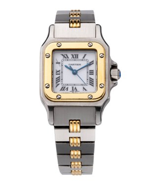 Cartier kadın saati, Santos Carree modeli. Çelik çantalı otomatik kurmalı saat. 1990 yılı. Beyaz arka planda. Milan mı? İtalya _ 10 Ağustos _ 2024