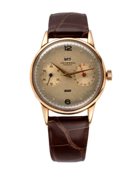 Evrensel Cenevre saati, üçlü takvim modeli. Elle kumandalı saat, 18kt gül altını. Yıl 1947. Beyaz arka plan. Milan mı? İtalya _ 10 Ağustos _ 2024