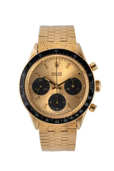 Rolex Chronograph, Daytona modeli. Elle kumandalı saat, 18 kt sarı altın çanta ve bilezik. Yıl 1969. Beyaz arka plan. Milan mı? İtalya _ 10 Ağustos _ 2024