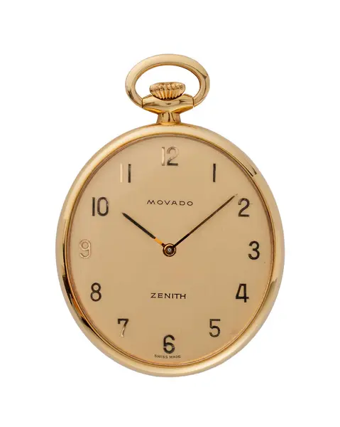 Movado Zenith Cep Saati. Elle kumandalı saat, 18 kt sarı altın çanta. 1960 yılı. Beyaz arka plan. Milan mı? İtalya _ 10 Ağustos _ 2024