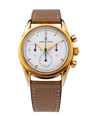 Universal Geneve chronograph, Compax model. Manual winding watch, 18kt yellow gold case. Year 1990. Milan, Italy August 20, 2024 clipart