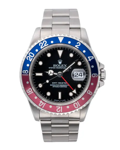 Rolex saat, GMT ana modeli. Otomatik kurmalı saat, iki tonlu çelik çanta. 1998 yılı. Milan, İtalya 20 Ağustos 2024
