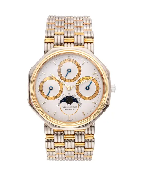 Audemars Piguet, otomatik takvim saati, 18 km sarı ve beyaz altın çanta ve entegre bilezik.