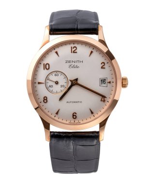 Zenit saat, Elite Automatic model. Otomatik hareket, gül sarısı çanta. Referans 17.0125.680. İzole edilmiş beyaz arka plan. Milan mı? İtalya _ 26 Ağustos 2024