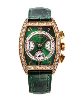 Franck Muller Chronograph, Casablanca modeli. Elle sarma, sarı altın ve elmas çanta. Referans 7502 CC DP. İzole edilmiş beyaz arka plan. Milan mı? İtalya _ 26 Ağustos 2024