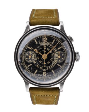 Eberhard Chronograph, Pre extra model. Elle sarma, çelik kasa. İzole edilmiş beyaz arka plan. Milan mı? İtalya _ 26 Ağustos 2024