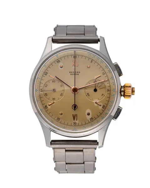 Kayıt kronografisi, yarım saniyelik model, elle kumanda, el yapımı saat, çelik kutu. Yıl 1940. İzole edilmiş beyaz arka plan. Milan mı? İtalya _ 26 Ağustos 2024