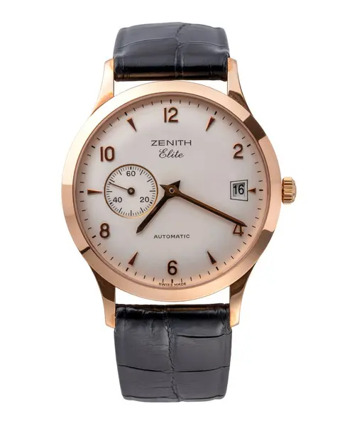 Zenit saat, Elite Automatic model. Otomatik hareket, gül sarısı çanta. Referans 17.0125.680. İzole edilmiş beyaz arka plan. Milan mı? İtalya _ 26 Ağustos 2024