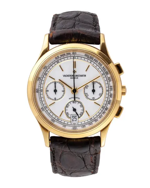 Vacheron Constantin Chronograph, Historique chrono modeli. Otomatik kurmalı, sarı altın çantalı. Referans 49003 / 000J-3. İzole edilmiş beyaz arka plan. Milan mı? İtalya _ 26 Ağustos 2024